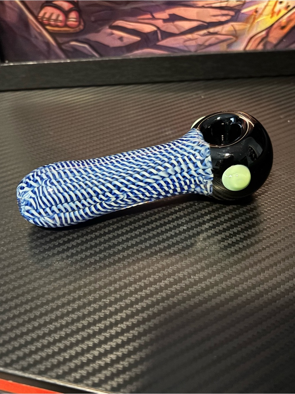 Blue and White Patterned Glass Handheld with Black Bowl